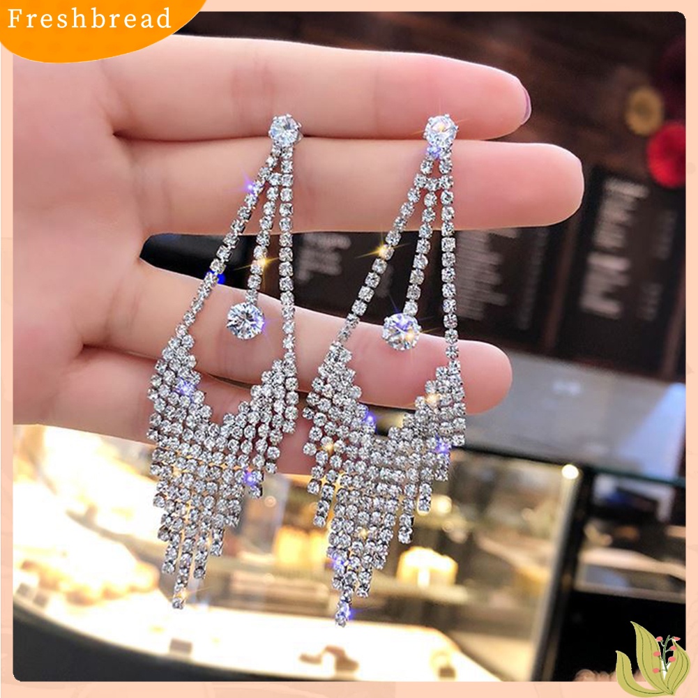 < Freshbread > Mewah Geometris Rumbai Berlian Imitasi Menjuntai Panjang Wanita Stud Earrings Perhiasan Hadiah