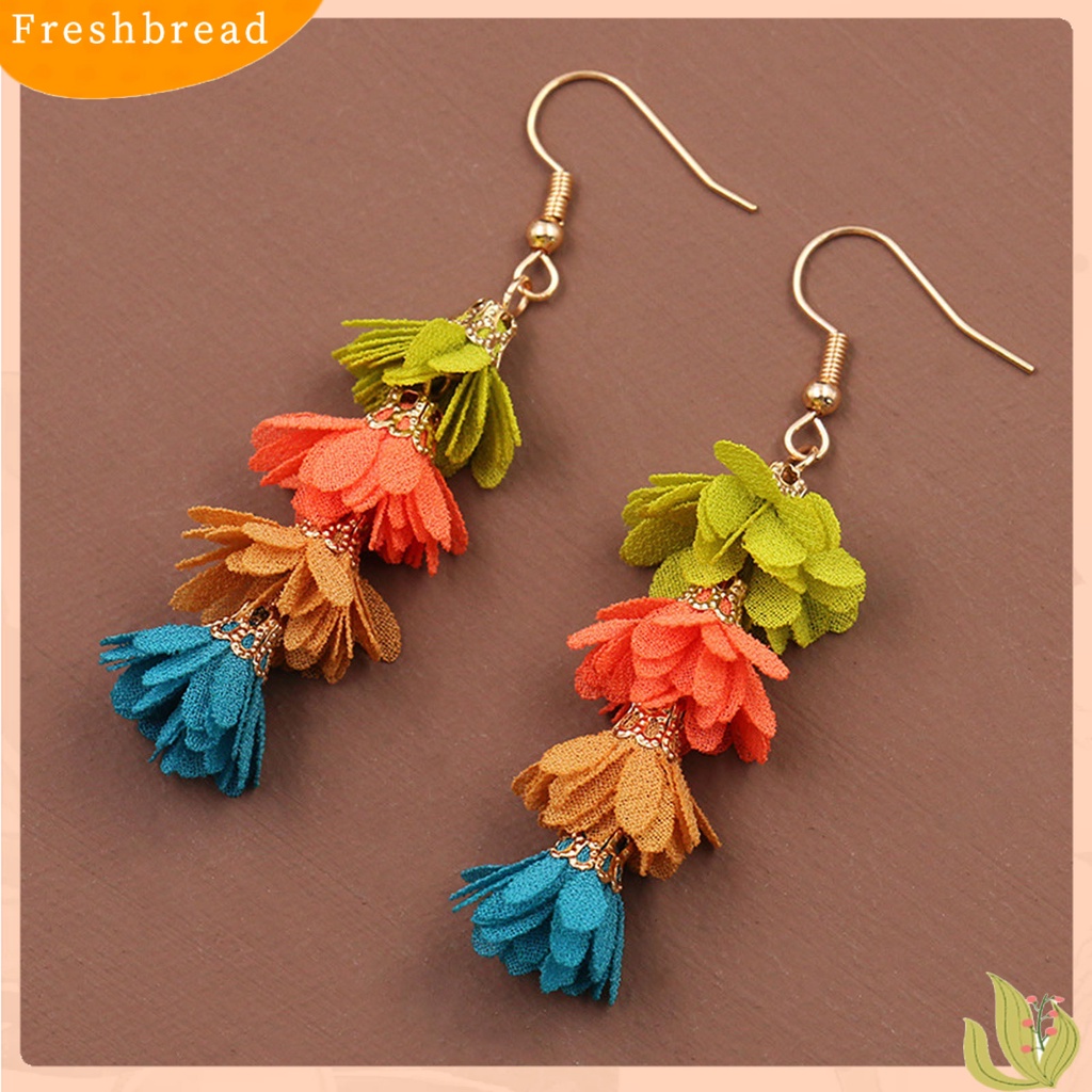 &lt; Freshbread &gt; 1pasang Tindik Multilayer Drop Earrings Kain Alloy Bunga Rumbai Kait Anting Perhiasan Hadiah