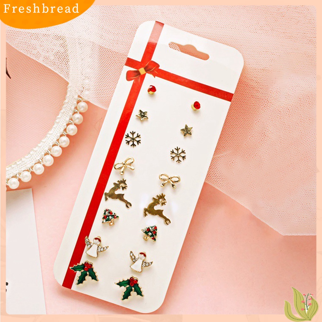 &lt; Freshbread &gt; 8pasang/Set Ikatan Simpul Berlian Imitasi Meriah Wanita Anting Pohon Natal Tebu Snowman Stud Earrings Klasik Perhiasan