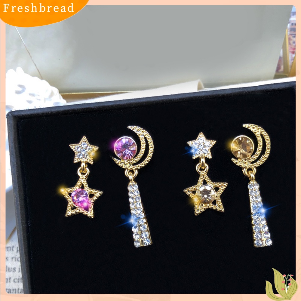 &lt; Freshbread &gt; Wanita Berlian Imitasi Bulan Bintang Asimetris Menjuntai Ear Stud Earrings Perhiasan Hadiah