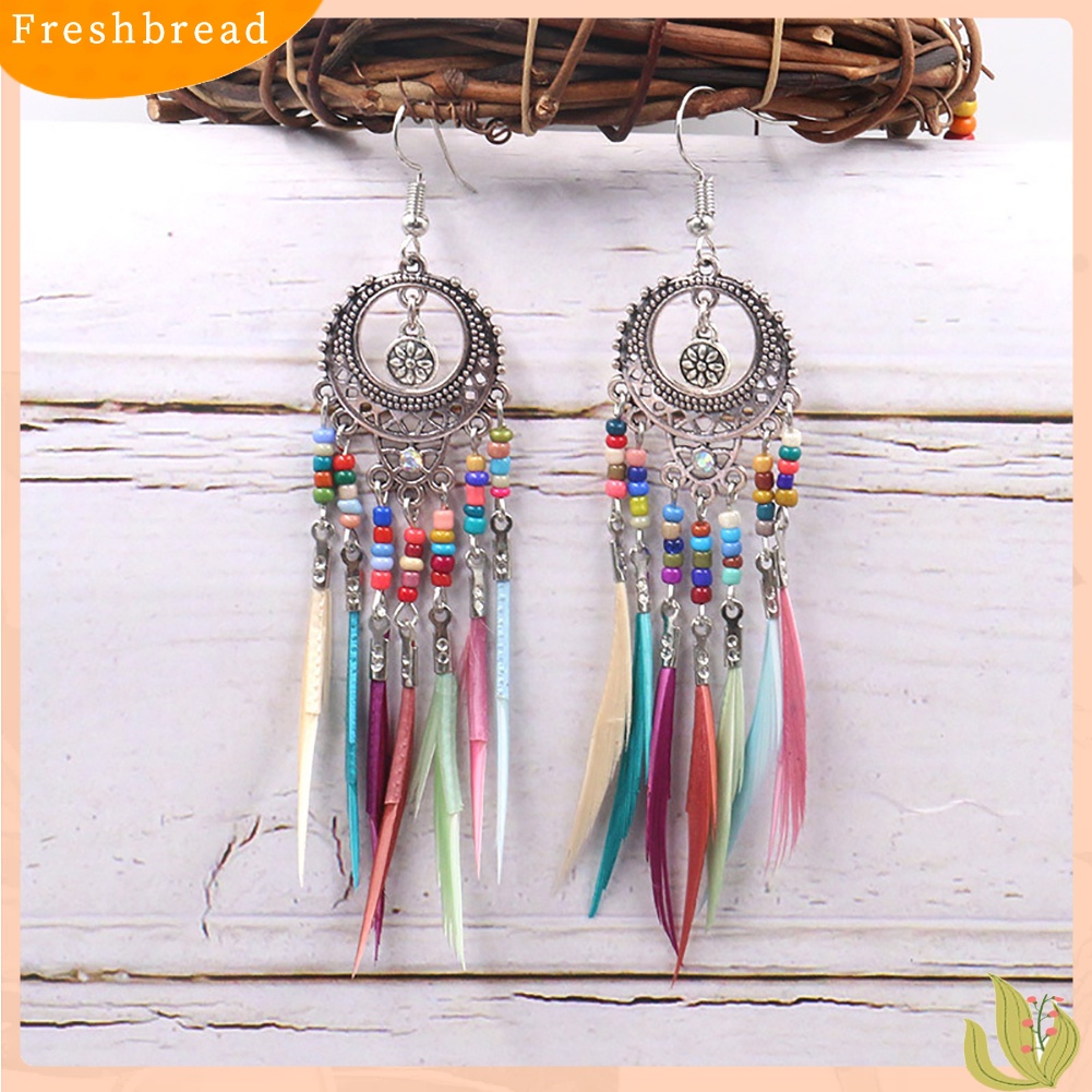 &lt; Freshbread &gt; Boho Wanita Berongga Ukir Lingkaran Bulu Rumbai Menjuntai Kait Anting Perhiasan