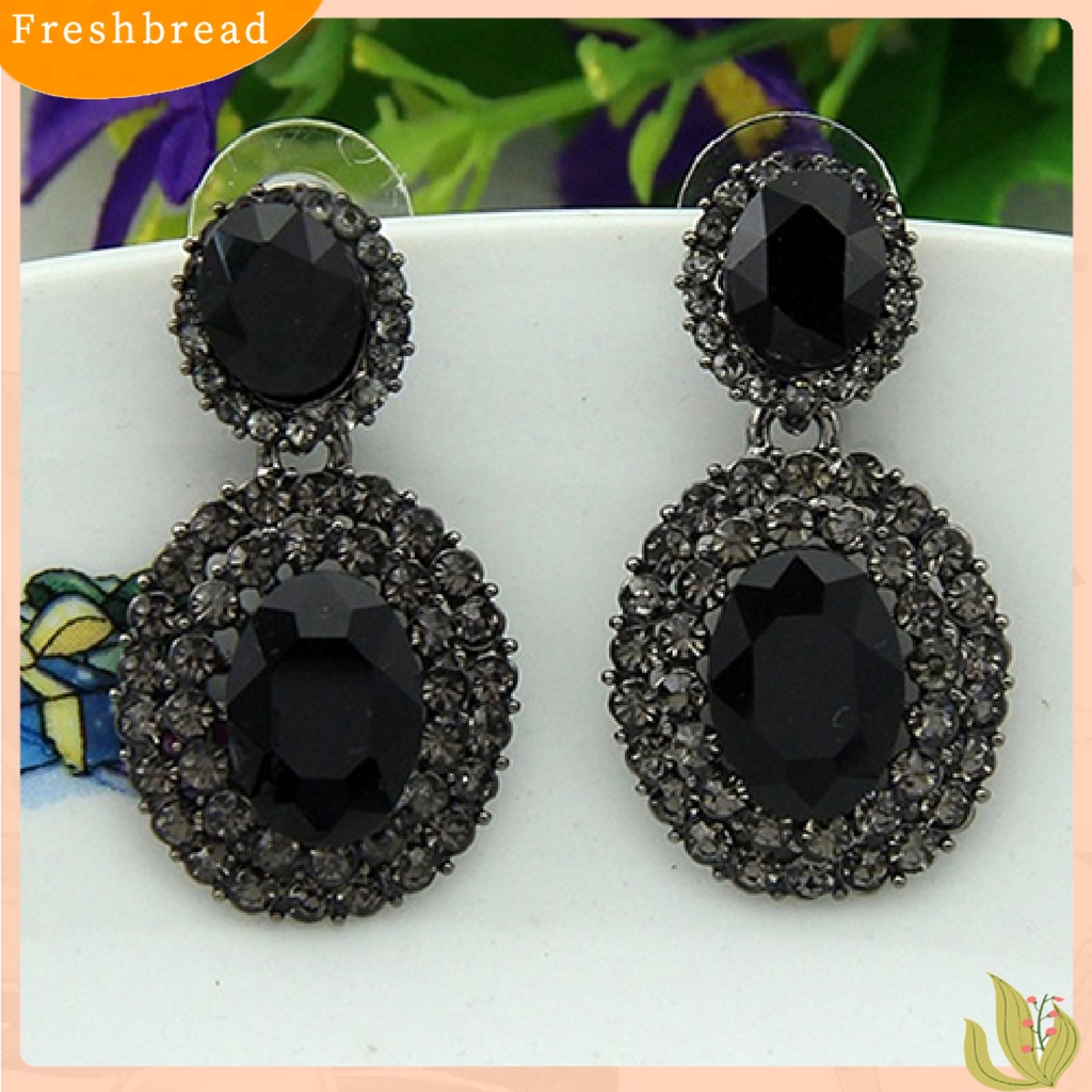 &lt; Freshbread &gt; 1pasang Anting Mewah Gaya Retro Oval Berlian Imitasi Vintage Anting Tindik Menjuntai Untuk Pesta