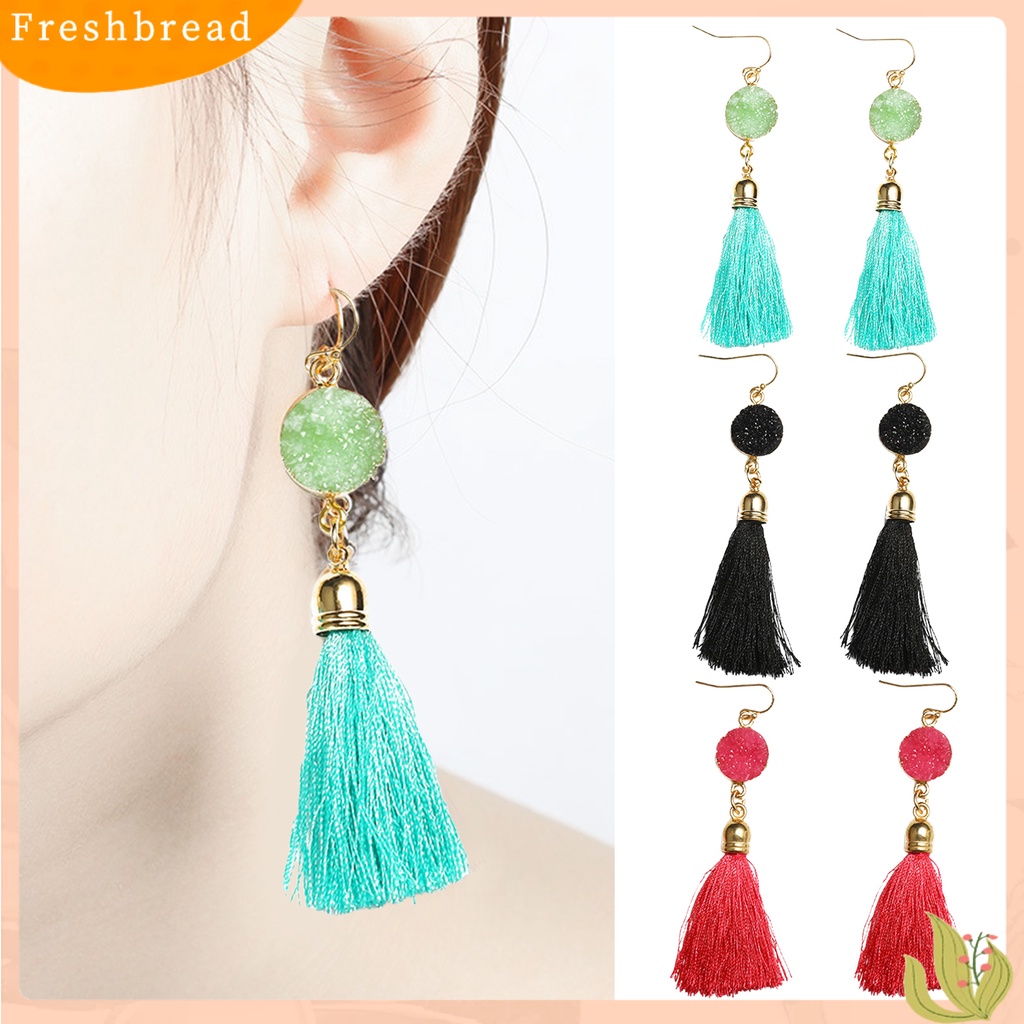 &lt; Freshbread &gt; 1pasang Anting Kait Bohemian Katun Ringan Garis Pinggiran Desain Menjuntai Earrings Aksesoris Telinga