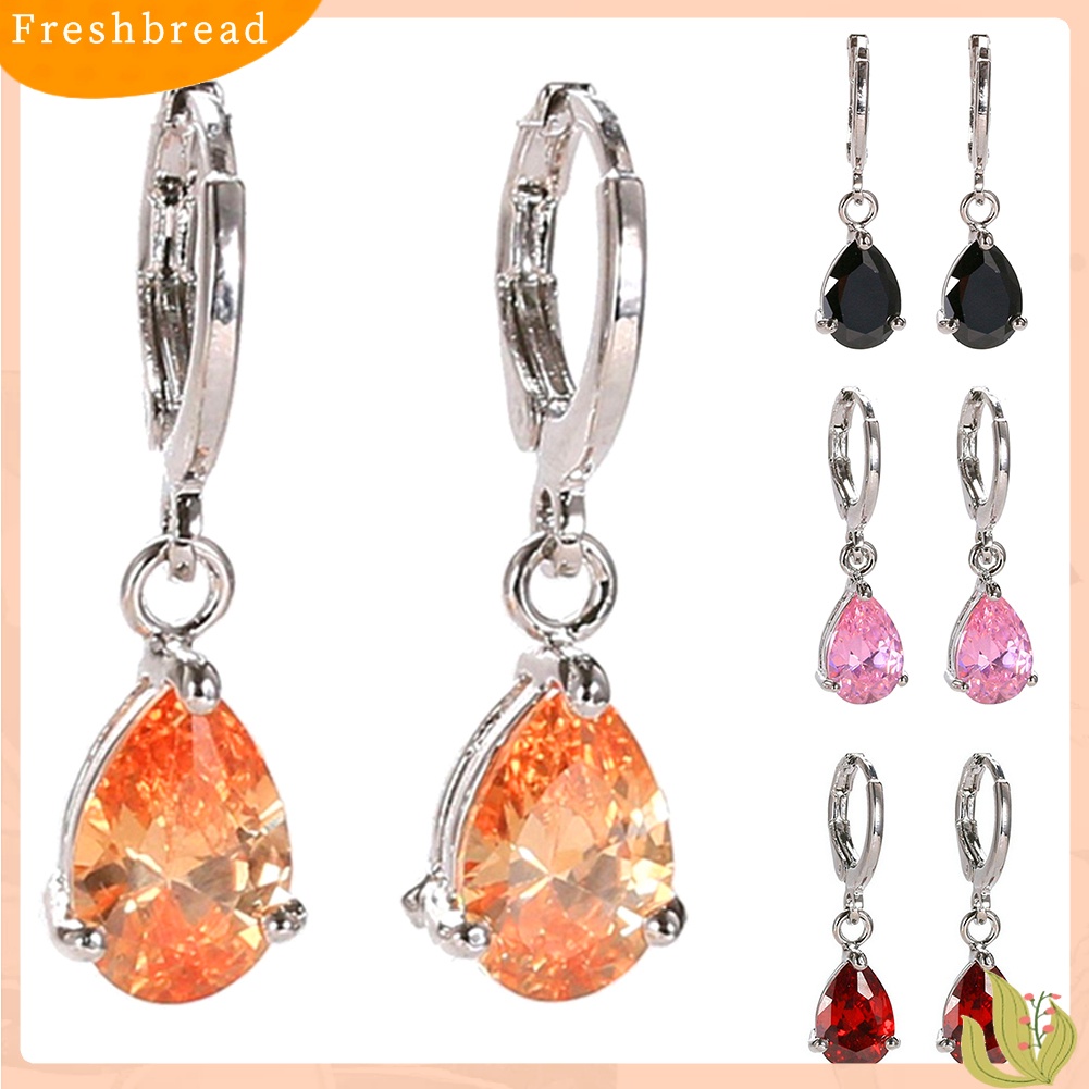 &lt; Freshbread &gt; Wanita Teardrop Cubic Zirconia Menjuntai Hoop Earrings Hadiah Perhiasan Pesta Pernikahan