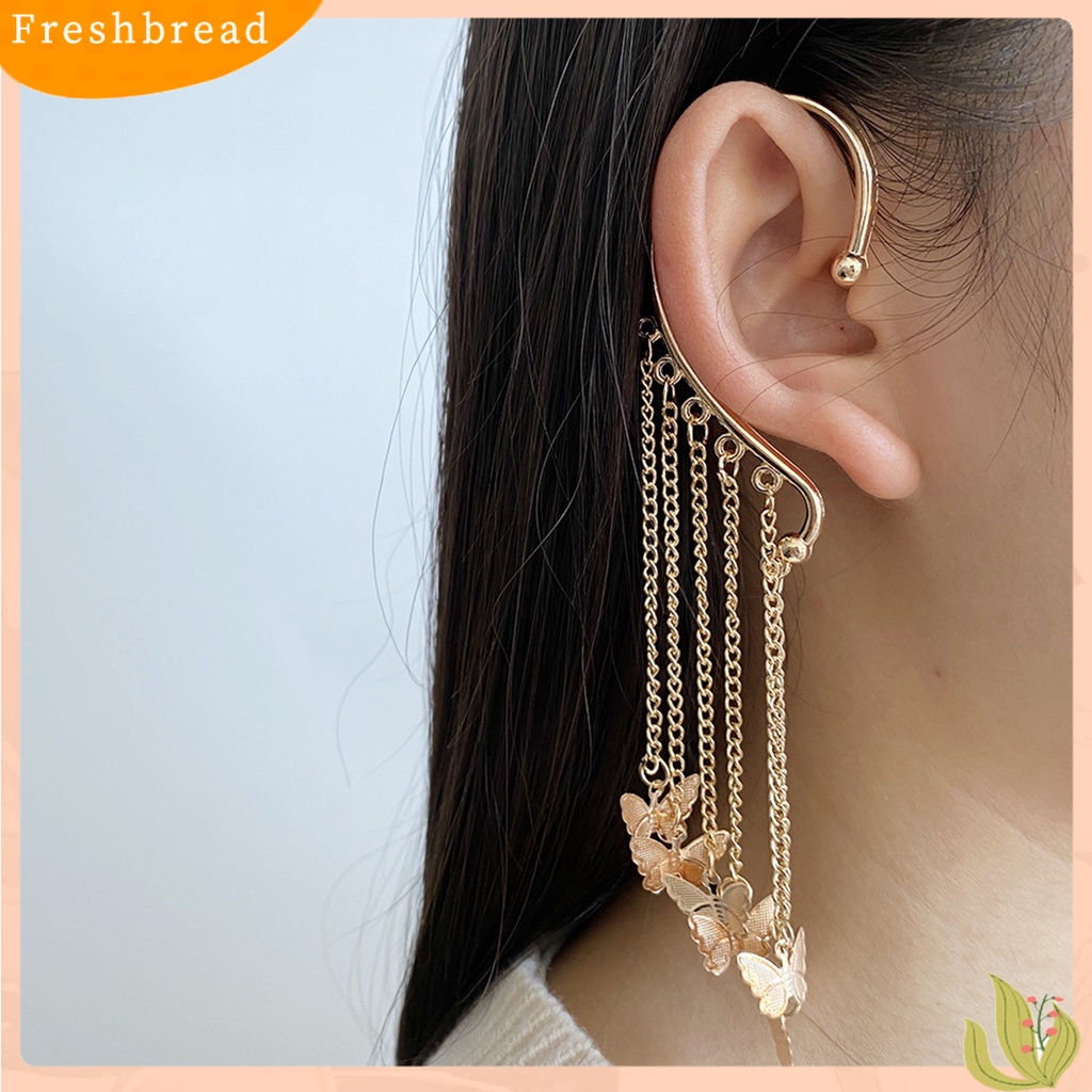 &lt; Freshbread &gt; 1pc Lady Earrings Tanpa Tindik High-end Berlian Imitasi Mengkilap Panjang Rumbai Bentuk Kupu-Kupu Menjuntai Anting-Anting Wanita Perhiasan