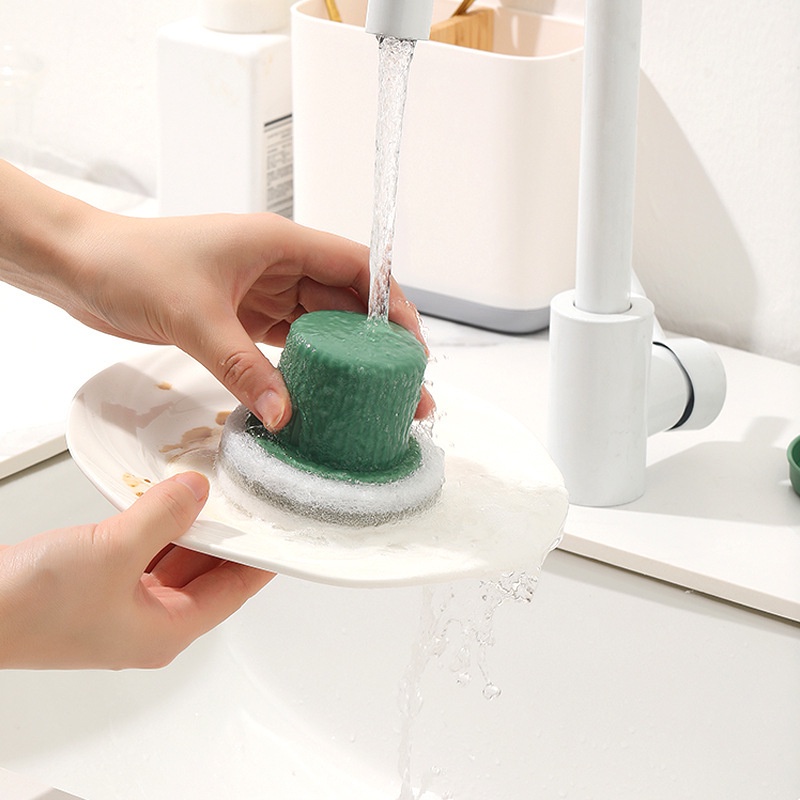 Reusable Kitchen Cleaning Brush Scrubber Cuci Piring Mangkok Dengan Gagang Pelindung Dan Tray Sink Sponge Brushes Alat Pembersih Panci Rumah Tangga