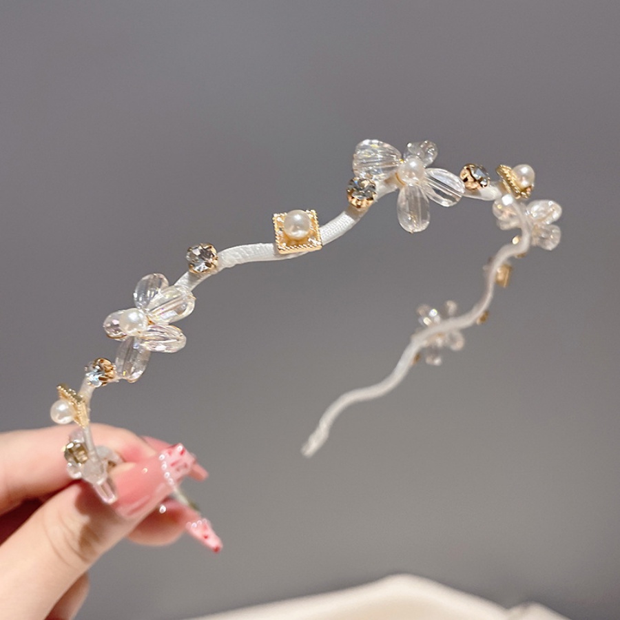 Korea Mutiara Kristal Bunga Rambut Band Berlian Imitasi Bergelombang Headband Woman Wedding Hair Accessories