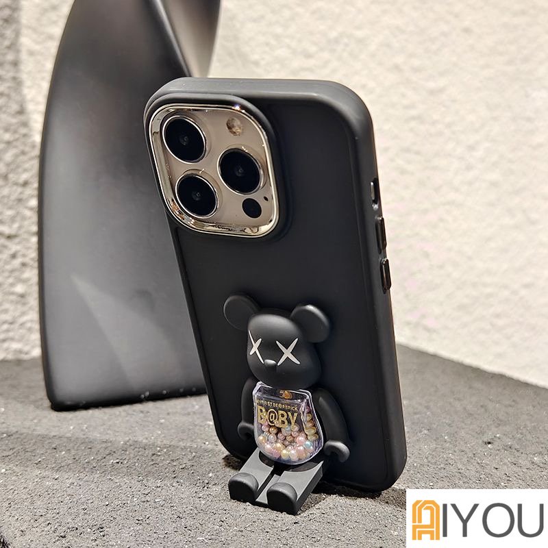 IPHONE Lucu Permen Warna Putar Violence bear Phone Holder bracket Casing Untuk Iphone14 13 12 11 Pro Max XS Max Casing Ponsel Tombol Logam Gelombang Silikon Soft Cover