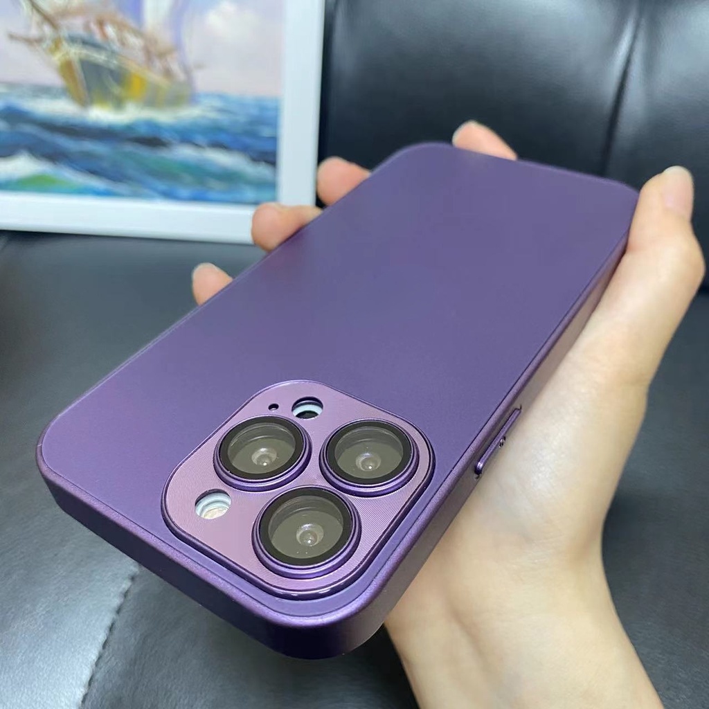 IPHONE Casing Ponsel Kaca Buram AG Ungu Tua Canggih Untuk Iphone14 13 11 12 Pro Max 14Plus Lensa CD Casing Belakang Pelindung