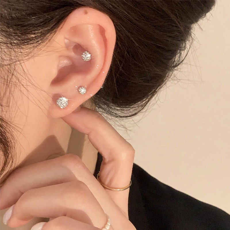 Papaozhu 1 Pc Chic S925 Perak Bersinar Zirkon Bulat Bola Stud Anting-Anting Untuk Wanita Perempuan Mewah Berkilauan Kristal Anting-Anting Elegan Telinga Aksesoris Makan Malam