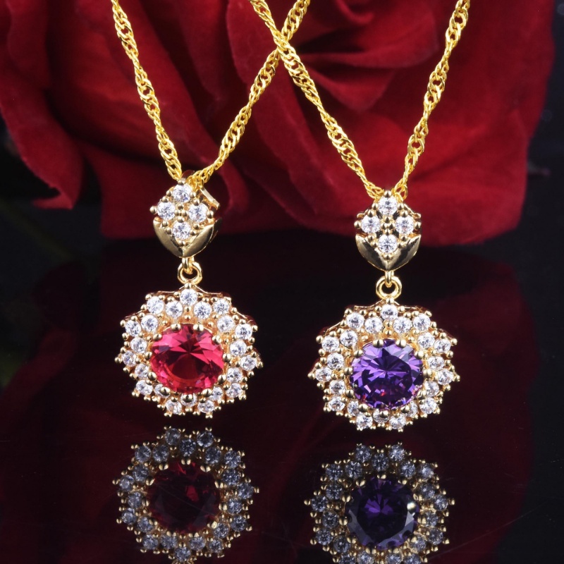 Goldkingdom Fashion Perhiasan Aksesoris Ready Stock Delima Merah Cincin Liontin Telinga Stud Set Berlapis Emas Api Warna Meledak Berkilau Amethyst Kalung