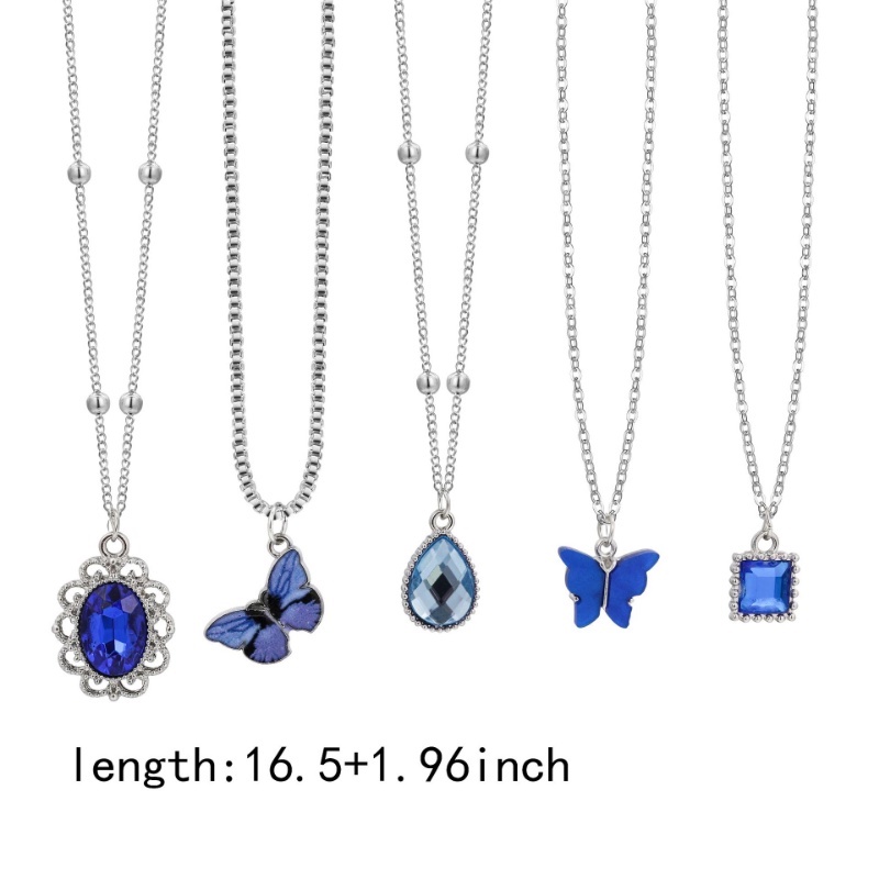 5pcs/set Fashion Hati Kupu-Kupu Zirkon Tetesan Air Liontin Kalung Rantai Klavikula