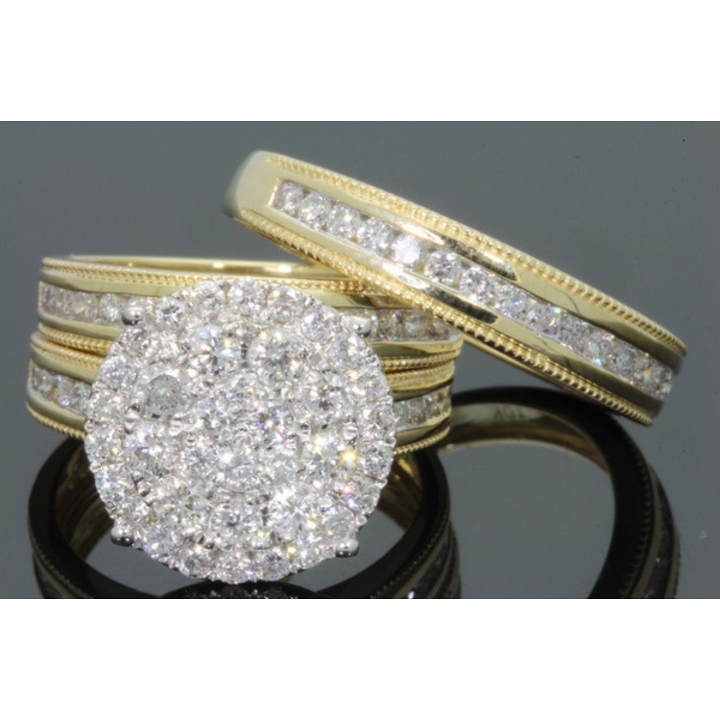 Goldkingdom Aksesoris Perhiasan Fashion Ready Stock Micro Set Cincin Berlian Penuh Wanita Berlapis Emas Set Pertunangan