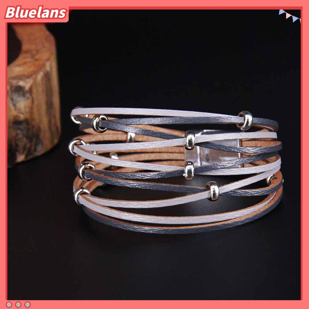 {In Stock} Fashion Wanita Multi Layer Manik-Manik Salib Kulit Asli Kancing Gelang