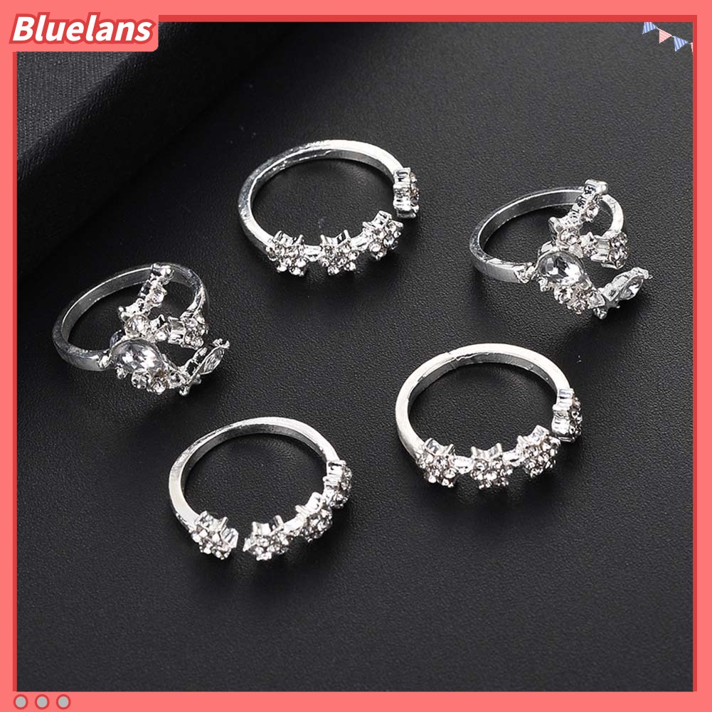 {In Stock} 5Pcs/Set Fashion Wanita Berlian Imitasi Hias Bulan Bintang Bunga Susun Midi Cincin