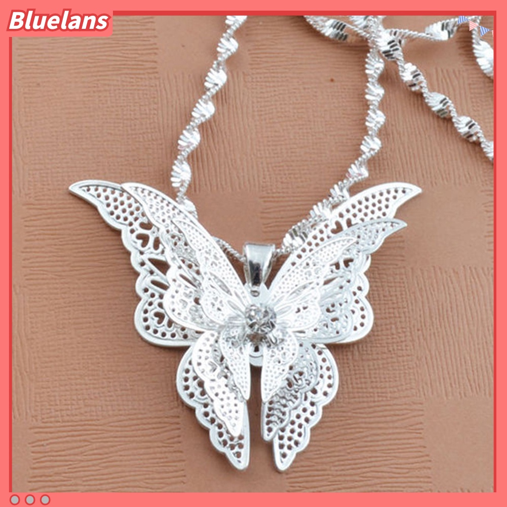 {In Stock} Wanita Elegan Perak Berlapis Berongga Indah Kupu-Kupu Liontin Perhiasan Ada Rantai