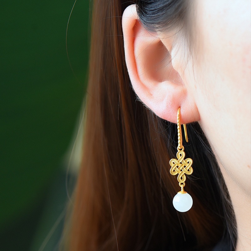 Goldkingdom Fashion Perhiasan Aksesoris Ready Stock Hetian Giok Anting Perempuan Warisan Tradisional Emas Bertatahkan Giok Putih Manik Anting Ear Hook Retro Earrings.