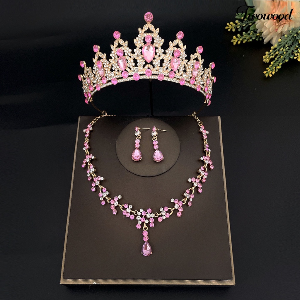 Twowood 3Pcs/Set Pernikahan Mahkota Kristal Imitasi Electroplating Berlebihan Bentuk Geometris Shiny Dress Up Alloy Wedding Dress Bride Earrings Kalung Set Perhiasan Aksesori