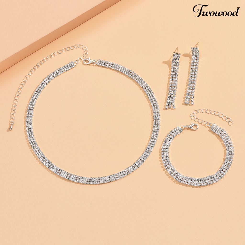 Twowood 1set Wanita Kalung Elegan Cantik Mewah Adjustable Berkilau Berlian Imitasi Menjuntai Anting Gelang Kit Fashion Perhiasan