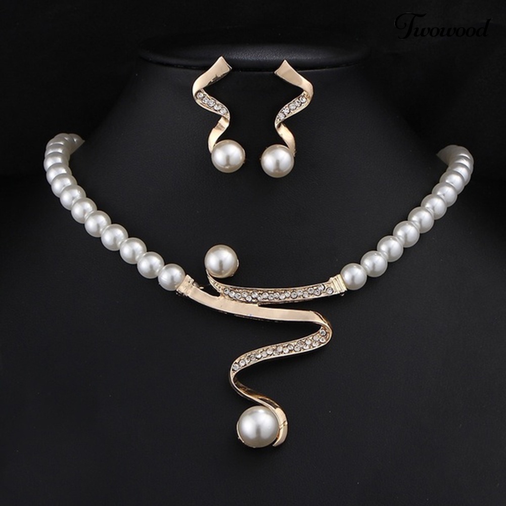 Twowood Berlian Imitasi Faux Pearl Beaded Necklace Stud Earrings Set Perhiasan Pernikahan Pengantin