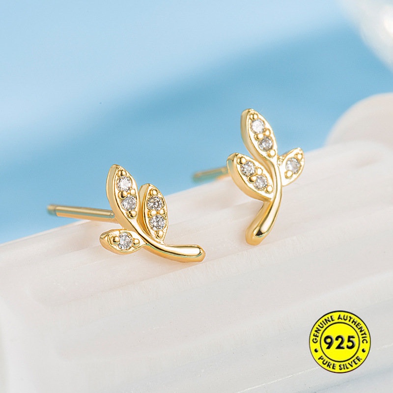 S925 Perak Jarum Ringan Mewah Halus Manik-Set Berlian Daun-Shapepd Stud Earrings Wanita U1205