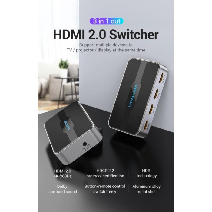 HDMI Switcher Vention 3 Input 1 Output Grey AFOH0