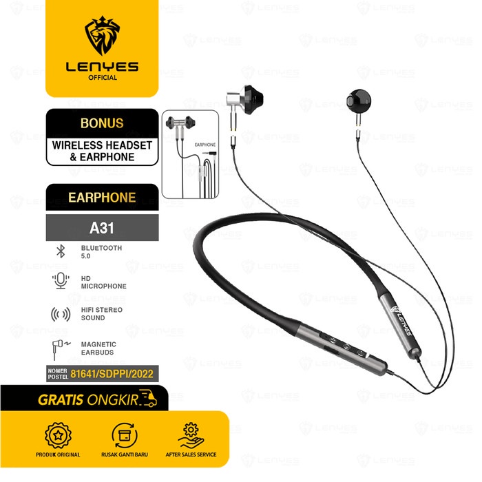 Lenyes A31 Stereo Bluetooth Wireless Headset Earphone Hybrid Original handsfree earphone ear in ear bud microphone kabel tanpa