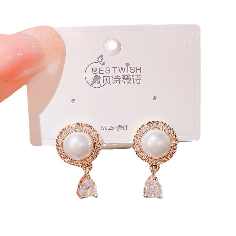 Fashion Mutiara Berlian Imitasi Anting Wanita Berlapis Perak Pin Stud Earrings