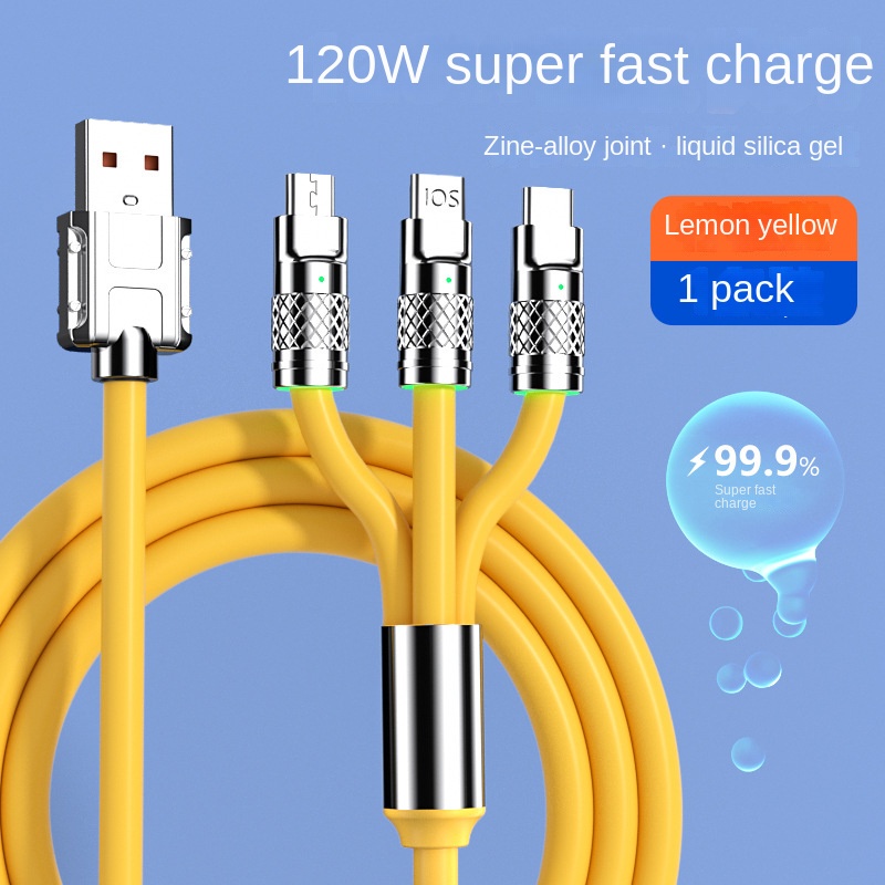 3in1 Kabel Pengisian Cepat 6A 120W Metal Liquid Silicone Type-C Kabel Charger Data Micro-USB Garis 1.2M Untuk iPhone Android