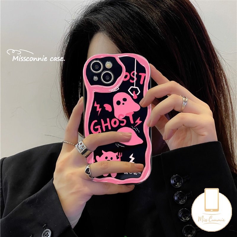 IPHONE Casing Ponsel Tpu Lembut Soul Ghost Lucu Kompatibel Untuk Iphone7 8 6s 6 Plus XR 11 13 12 14 Pro Max X XS Max SE 2020 3D Wavy Curved Edge Glossy Shockproof Pink Cover