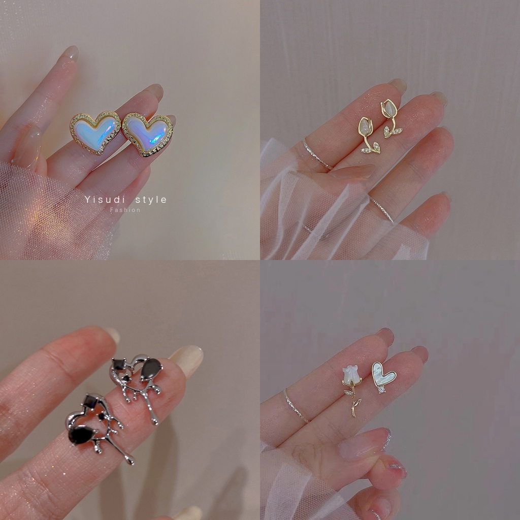 Fashion Zirkon Opal Tulip Stud Anting Untuk Wanita Hypoallergenic Korea Y2K Perak Butterlfy Hati Drop Earring Perhiasan Aksesoris