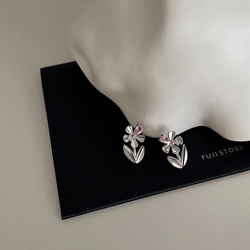Papaozhu Elegan S925 Perak Berkilauan Pink Zirkon Bunga Stud Anting-Anting Untuk Wanita Perempuan Chic Bersinar Kristal Blossom Anting-Anting Temperamen Aksesoris Telinga Pacaran