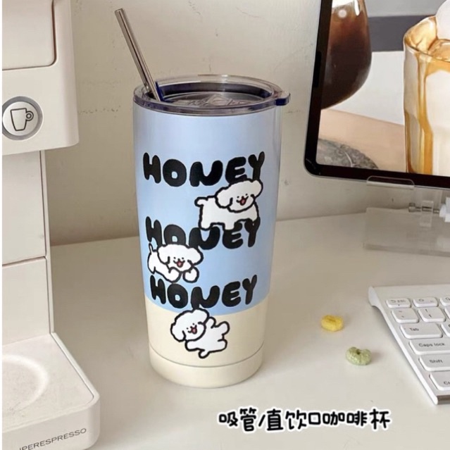 PREMIUM QUALITY TERMOS MOTIF PUPPY TULISAN HONEY / TUMBLR ESTETIK KOREA / BOTOL MINUM UNIK / CANGKIR MINUM KOPI BAHAN STAINLESS STELL 304 KAPASITAS 550ML DENGAN SEDOTAN / HONEY TUMBLR 550ML / TUMBLR KOPI TEH CUP STAINLESS