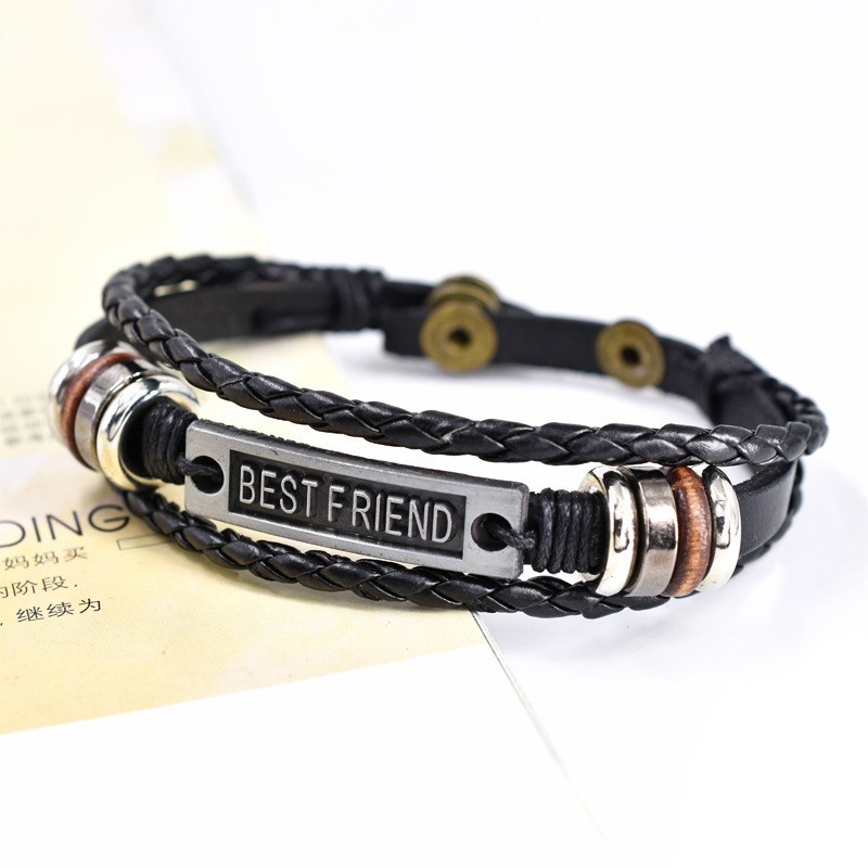 [X C Gelang] Mode Baru Bestfriend Gelang Kulit Hitam Vintage Hip Hop Punk Gelang Kulit Lengan Manik-Manik Multilayer Zinc Alloy Anyaman Gelang