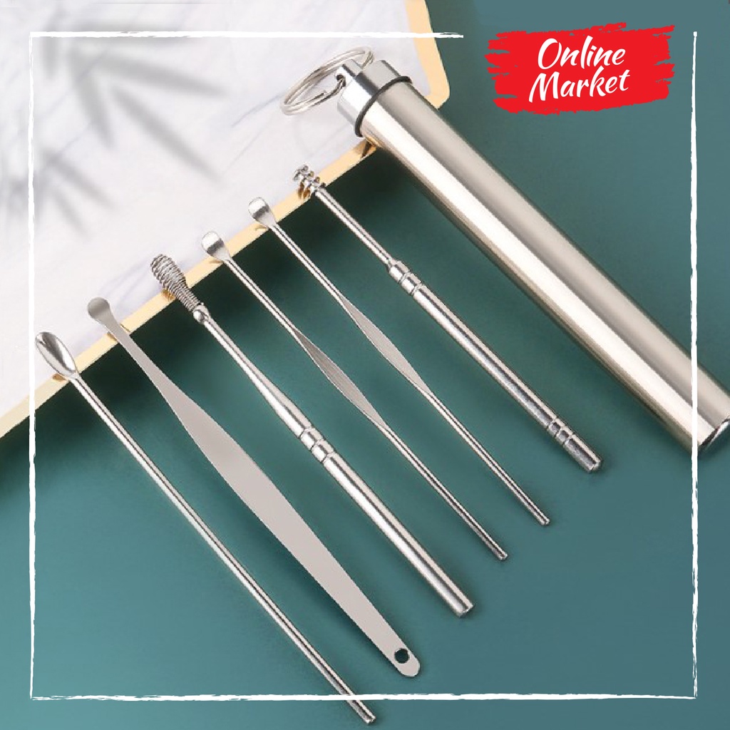 Pembersih Telinga - Set Alat Korek Kuping Stainless Steel dengan Pouch Penyimpanan