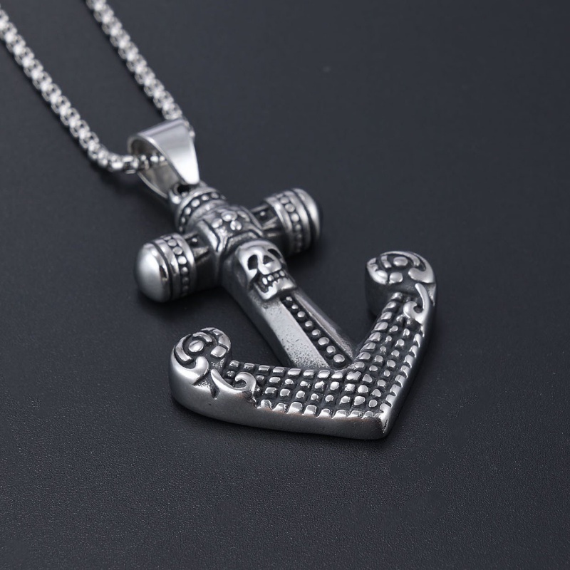 [X C Kalung] Baru Silvery Retro Tengkorak Kepala Perahu Jangkar Liontin Liontin Punk Hip Hop Stainless Steel Kalung Hadiah Pesta Ulang Tahun Untuk Pria Dan Wanita