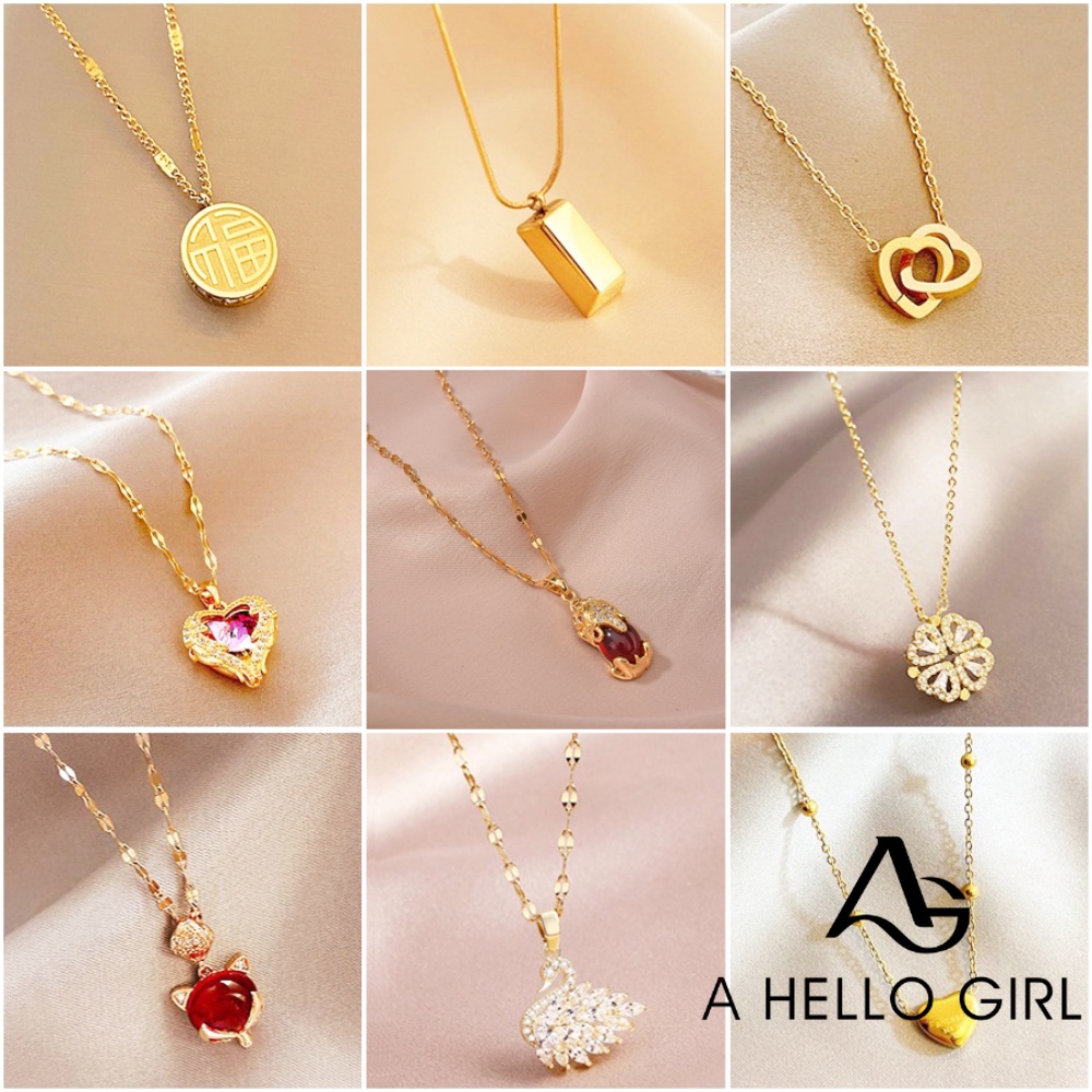 Kalung TITANIUM Anti Karat Emas 18K Liontin Cina Korea Choker Necklace Love Diamond A HELLO GIRL