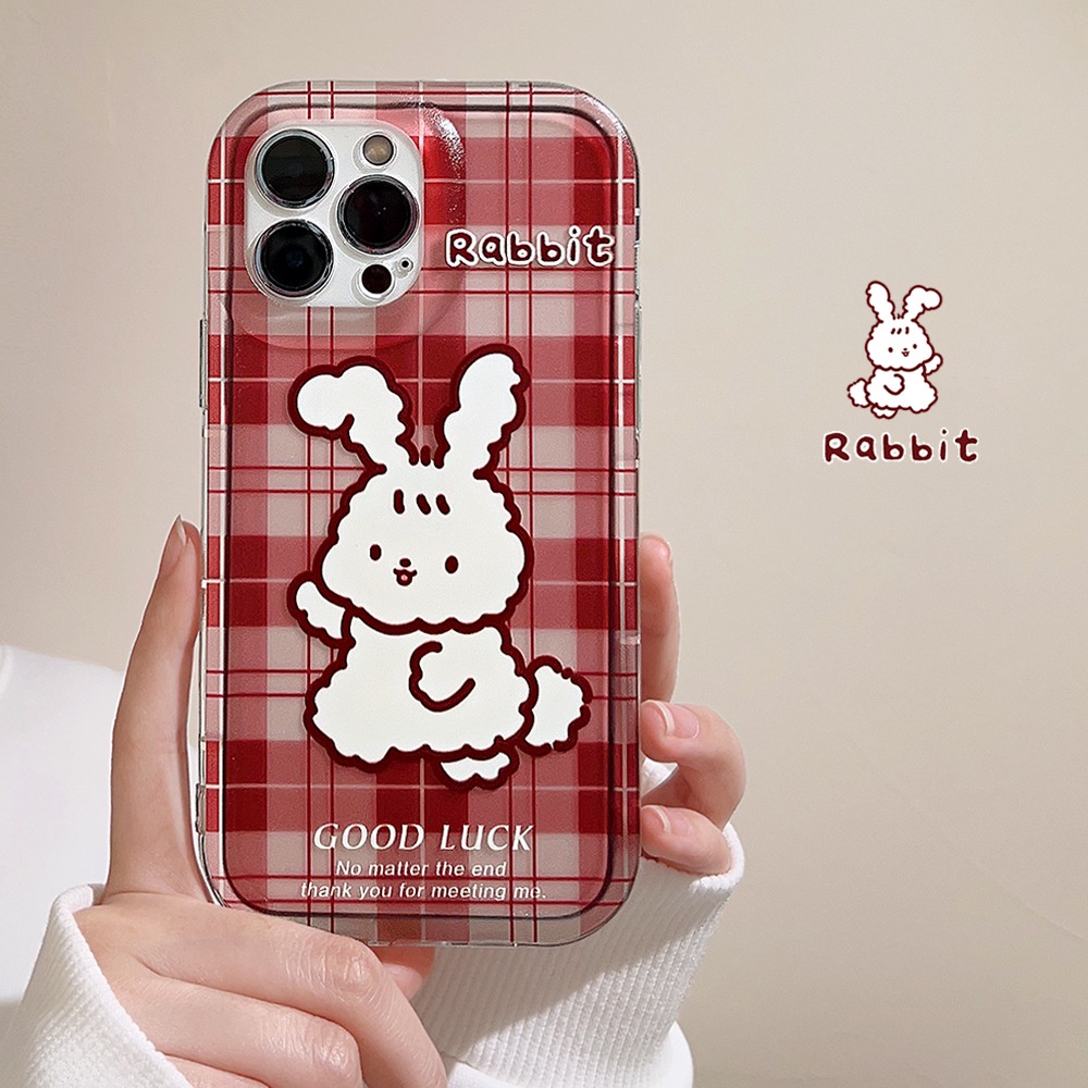 IPHONE Cover Casing Ponsel Transparan Motif Kotak-Kotak Kartun Kelinci Vintage Merah Untuk Iphone11 12 13 14 PLUS PRO MAX