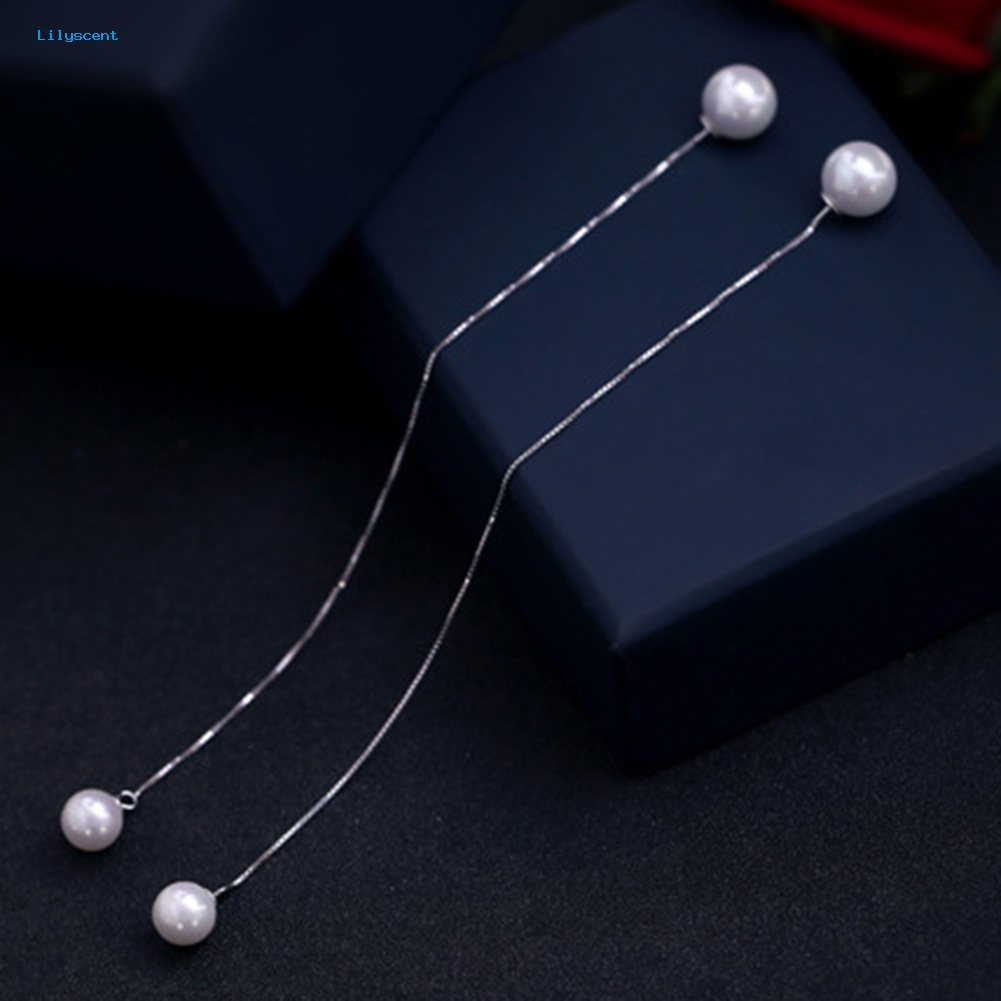 Lilyscent Lady Elegan Mutiara Imitasi Liontin Telinga Linear Anting Rantai Panjang Menjuntai Perhiasan