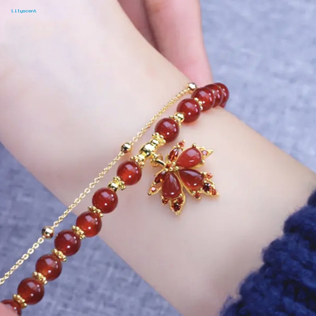 Lilyscent Temperamen Retro Gelang Perhiasan Aksesoris Retro Imitasi Permata Manik-Manik Maple Liontin Gelang Lapisan Ganda