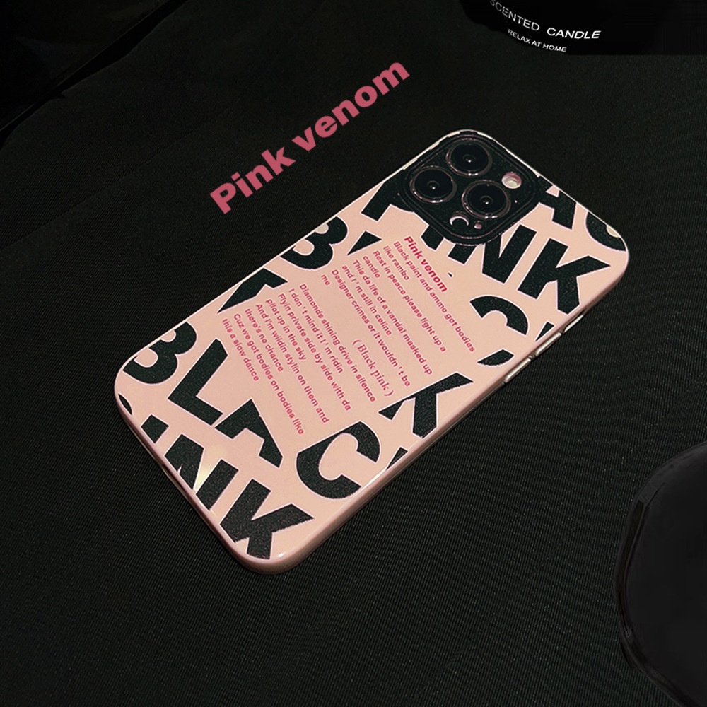 IPHONE Ins Simple Hitam Huruf Pink Miring Label Silikon Case Untuk Iphone14 11 12 13 PRO MAX Casing Cover Pelindung AT0192