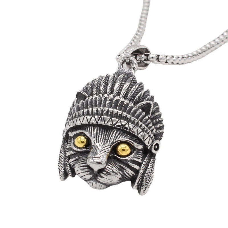 [Z H Perhiasan] Vintage Fashion Pria Anti Karat Permata Kepala Kucing Kelinci Tengkorak Liontin Kalung Hip Hop Pesta Baja Titanium Perhiasan Aksesoris