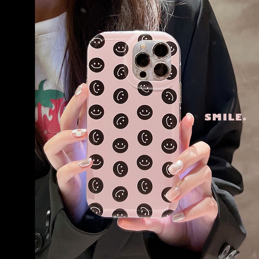 IPHONE Ins Gadis Pink Casing Ponsel Soft Cover Dengan Senyum Hitam Untuk Iphone11 12 13 14 PLUS PRO MAX Perlindungan Penuh Shell