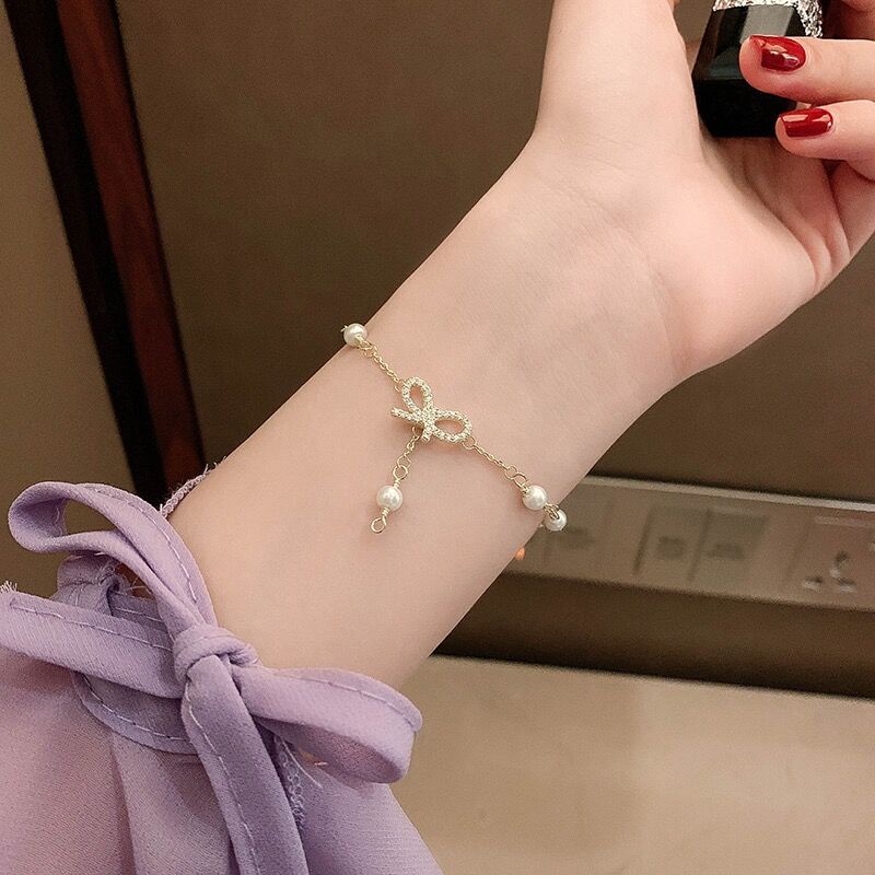 Gelang Busur Kristal Manis Gelang Emas Mutiara Elegan Untuk Perhiasan Aksesoris Fashion Wanita