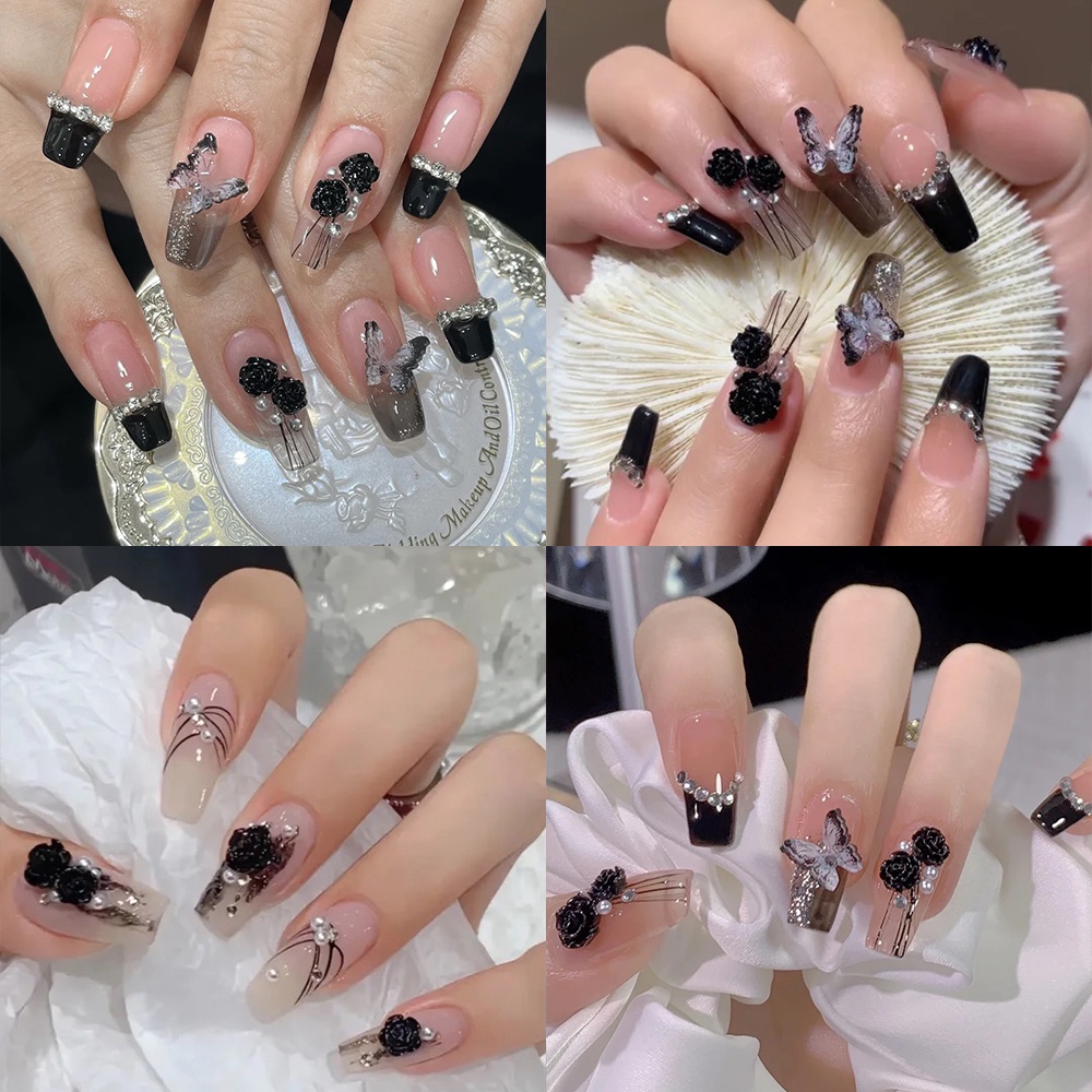 [Unggulan] 50 /100Pcs/Tas Elegan Glitter Dekorasi Kuku Hitam Putih Camelia Rose Stereo Hiasan Kuku Resin Camellia Nail Art DIY Manicure Aksesoris Nail Drill