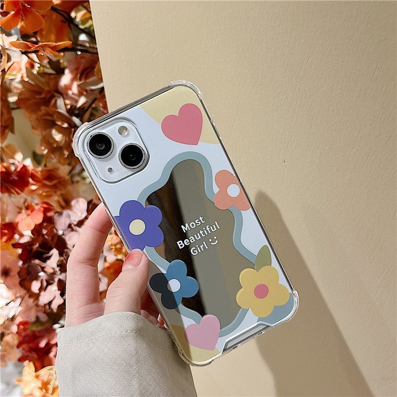 【Anti Fall Mirror】Pretty Silver Makeup Silicone Soft Case Iphone 6S 7 8 Plus X XR XS Max IPhone 11 12 13 14 Pro Max 14 Plus 7+ 8+ 12 13 mini for Women Girl Ins Colorful SunFlower