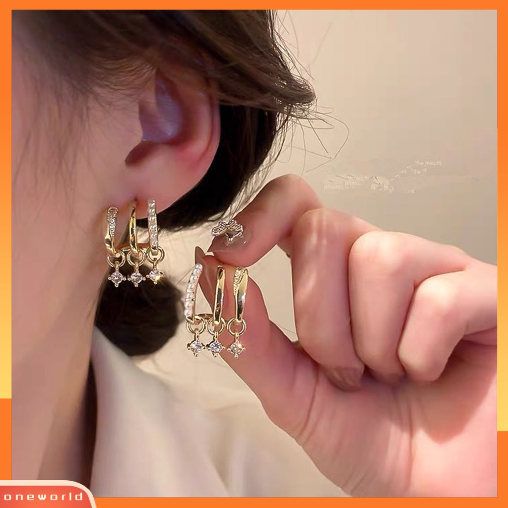 [EONE] 1pasang Anting Hoop Multi-layer Geometris Glitter Mutiara Imitasi Hias Berlian Imitasi Stud Earrings Perhiasan Aksesori