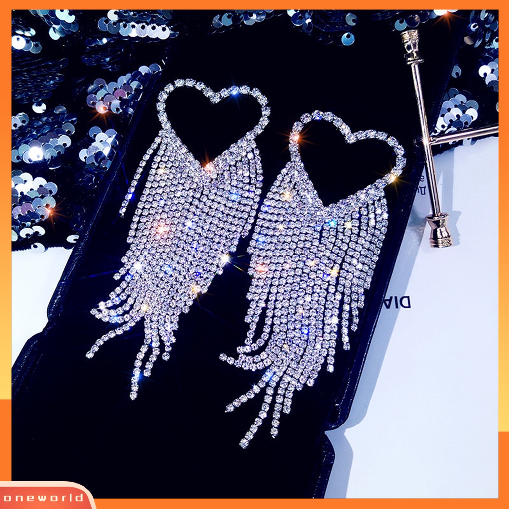 [EONE] 1pasang Drop Earrings Shining Long Tassel Glitter Semua Pertandingan Anti-Alergi Dekorasi Telinga Gaya Korea Temperamen Cinta Hati Penuh Berlian Imitasi Ear Studs Menjuntai Earrings