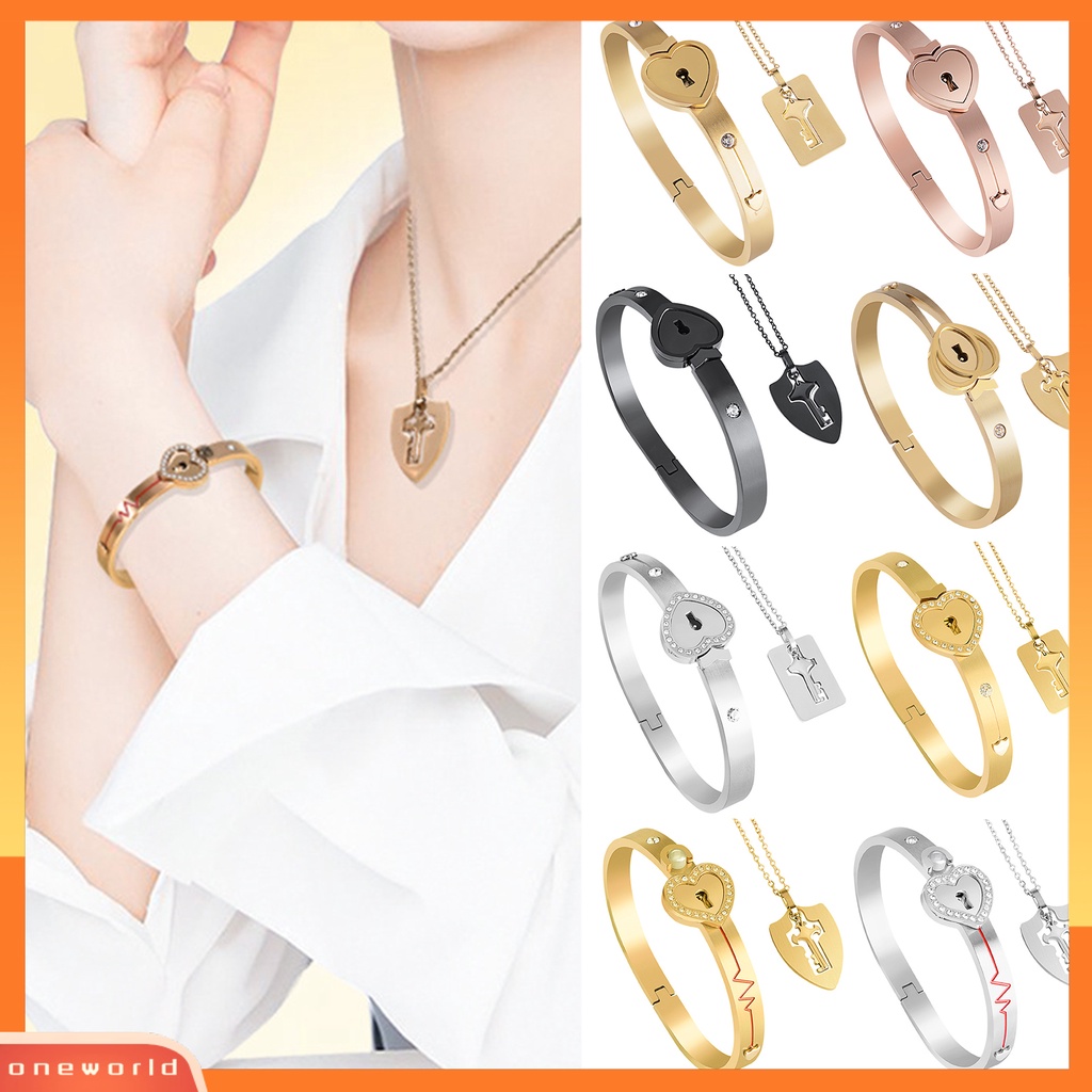 [EONE] 1set Gelang Choker Set Vintage Bersinar Berlian Imitasi Bertatahkan Kilau Terang Kunci Konsentrik Hadiah Hari Valentine Baja Titanium Pasangan Hati Bangle Kunci Liontin Kalung Set