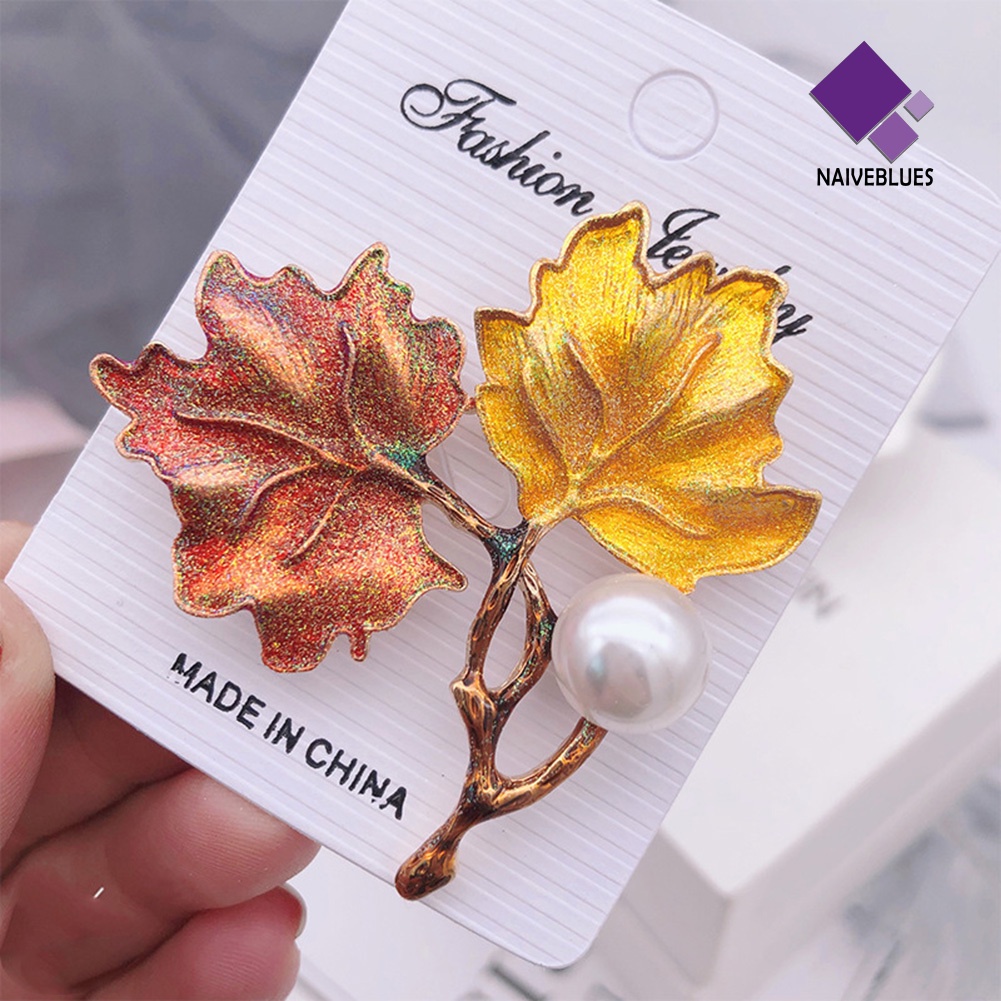 &lt; Naiveblues &gt; Wanita Vintage Mutiara Imitasi Blok Warna Maple Bros Pin Perhiasan